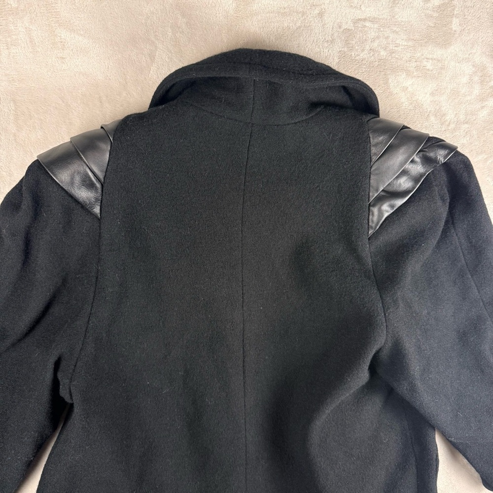 Vintage Jofeld Black Wool Blend Long Coat Leather Shoulder Detail USA Size S - Picture 6 of 12